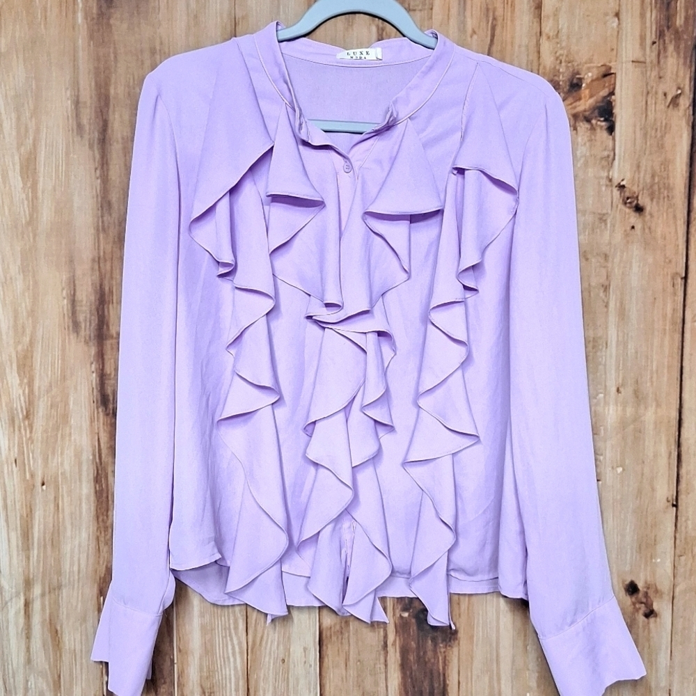 MODA LUXE PURPLE BUTTON DOWN BLOUSE WITH RUFFLE FRONT MEDIUM